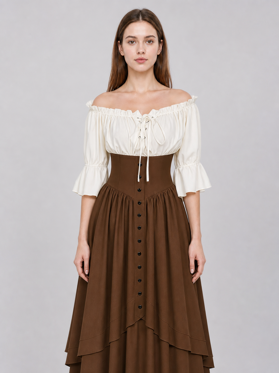 Brown Medieval-Style Dress with Ruffles