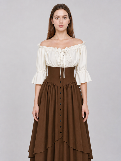 Brown Medieval-Style Dress with Ruffles