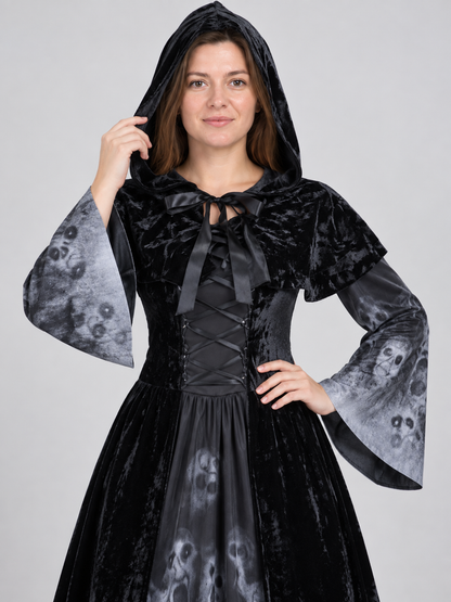 Black Hooded Carnival Dress with Skull Print