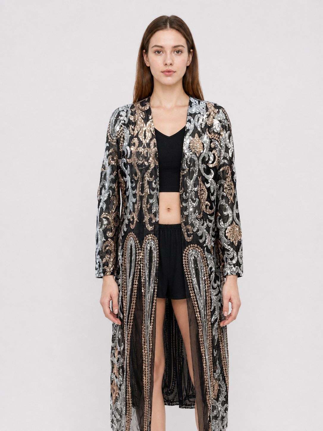 Long Cape with Baroque Sequin Embroidery