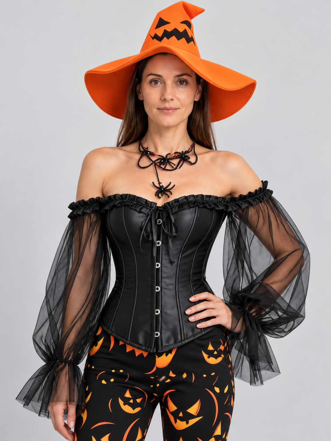 Witch Halloween Costume with Corset, Flared Pants, and Hat