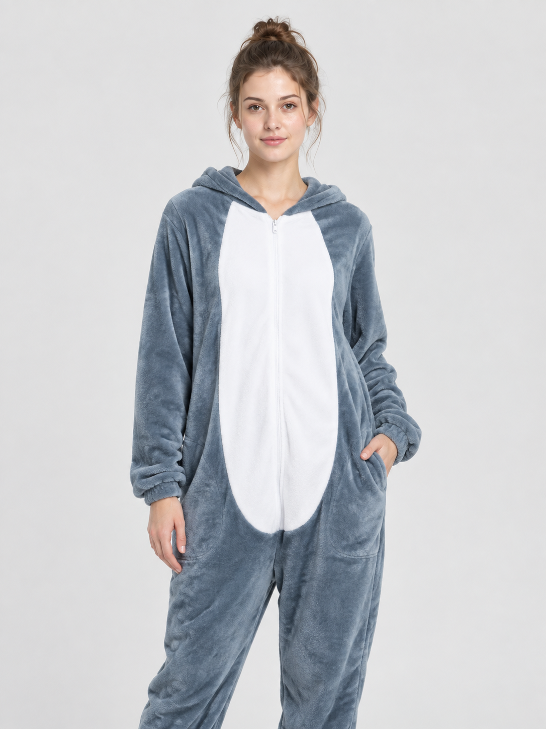 Flannel Pajama Jumpsuit Gray-Blue with Hood