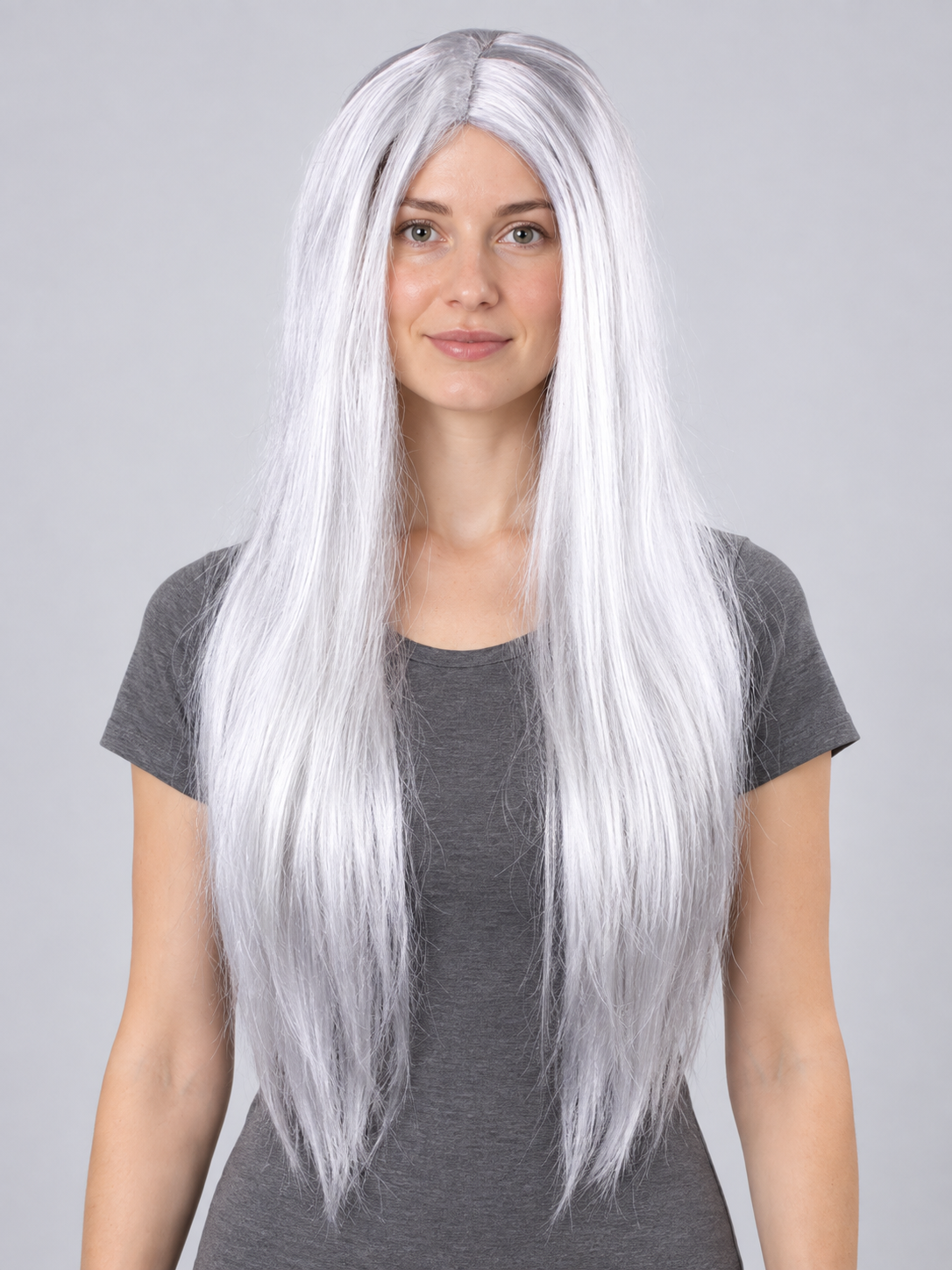 Long straight white wig with center part for cosplay