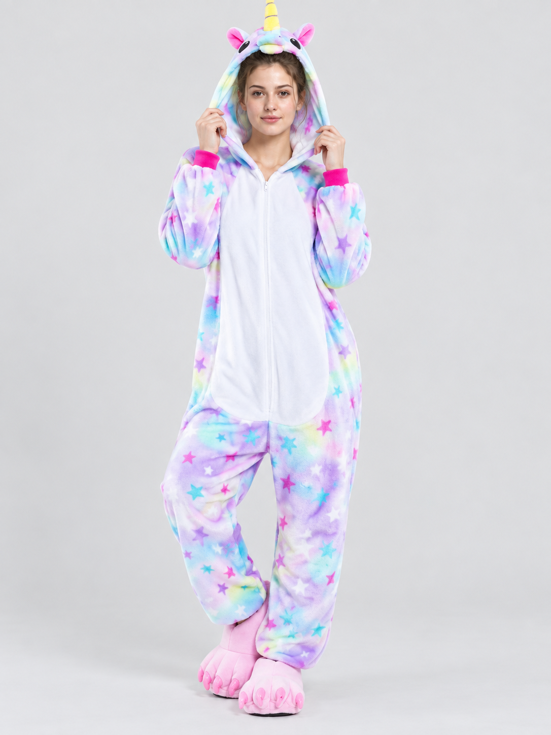 Flannel Hooded Pajama Jumpsuit with Star Print