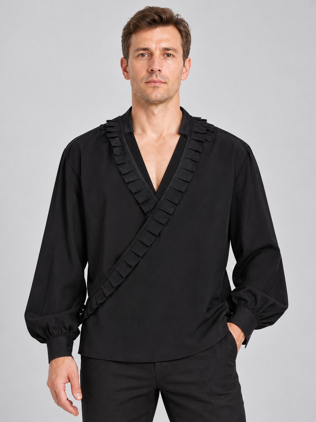 Black Shirt with Asymmetric Placket and Ruffles