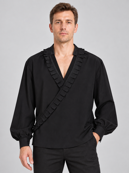 Black Shirt with Asymmetric Placket and Ruffles