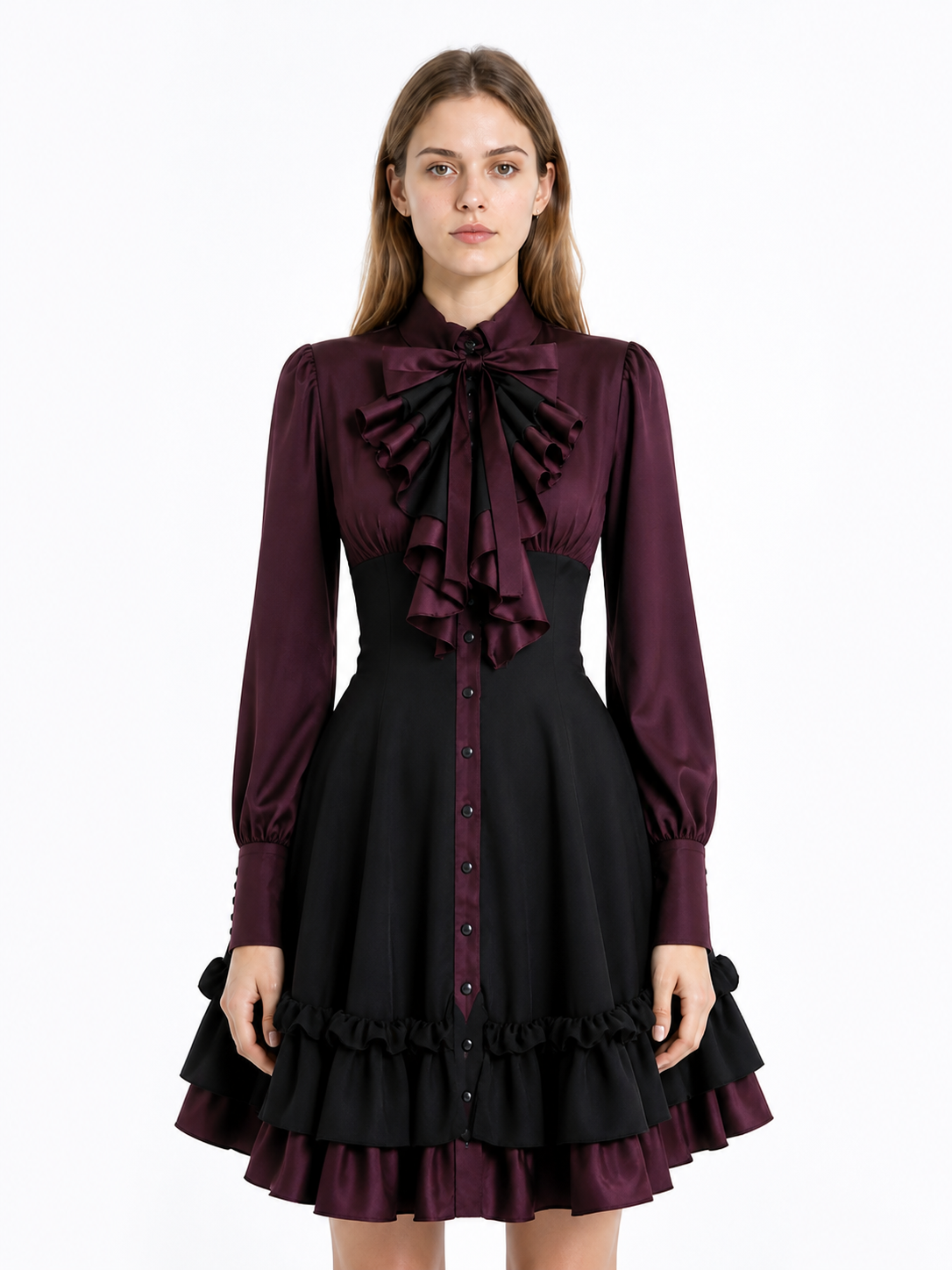 Black and Burgundy Dress with Ruffles and a High Collar Costume Dresses detail 2