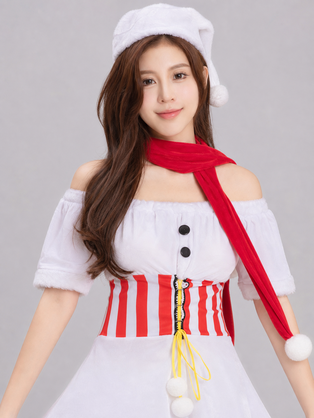 White Christmas Costume with Red Striped Trim