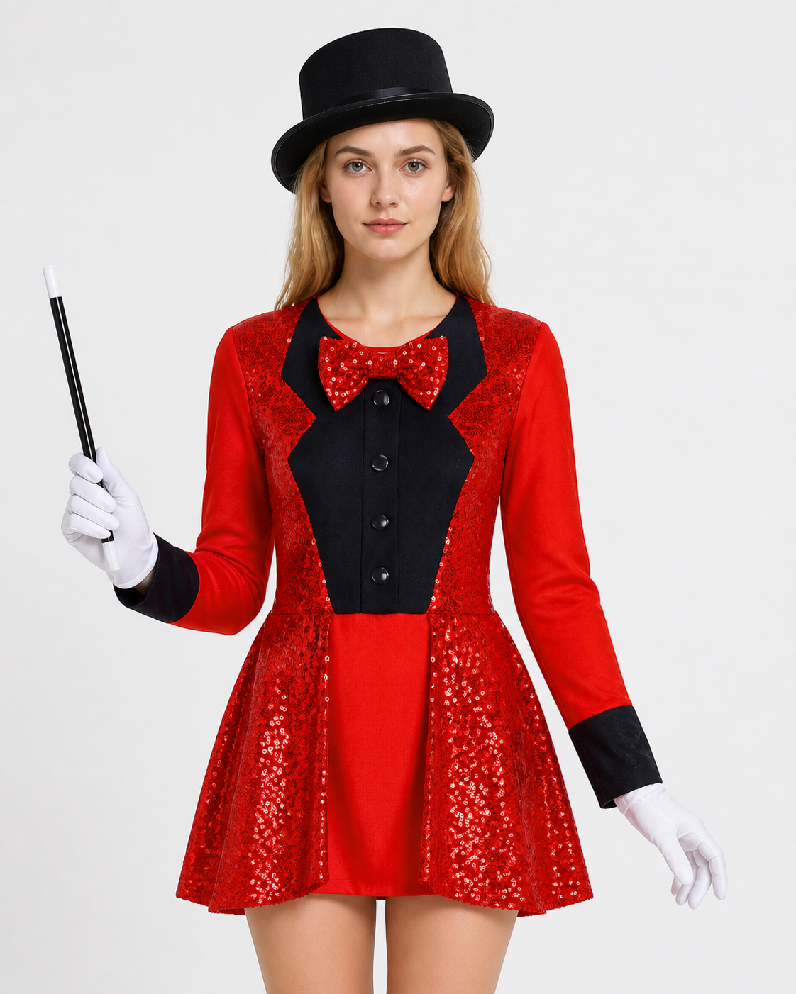Red Magician Costume with Sequins, Hat, and Gloves Costume Headwear detail 3