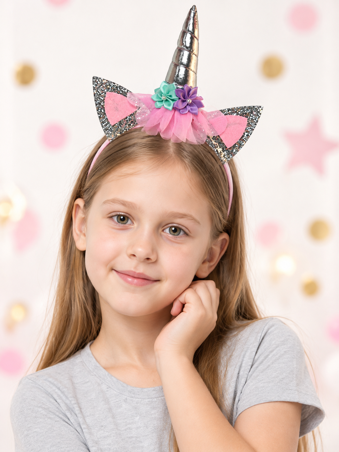 Kids' Unicorn Headband with Silver Horn and Flowers