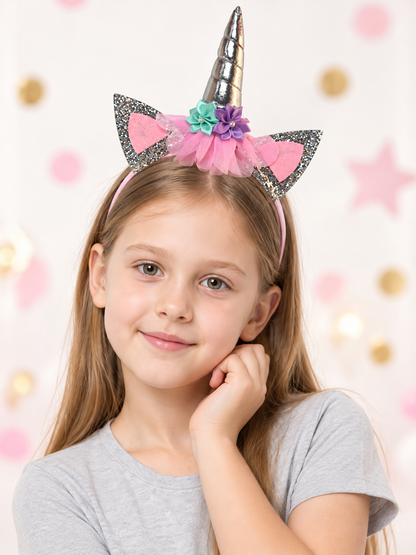 Kids' Unicorn Headband with Silver Horn and Flowers