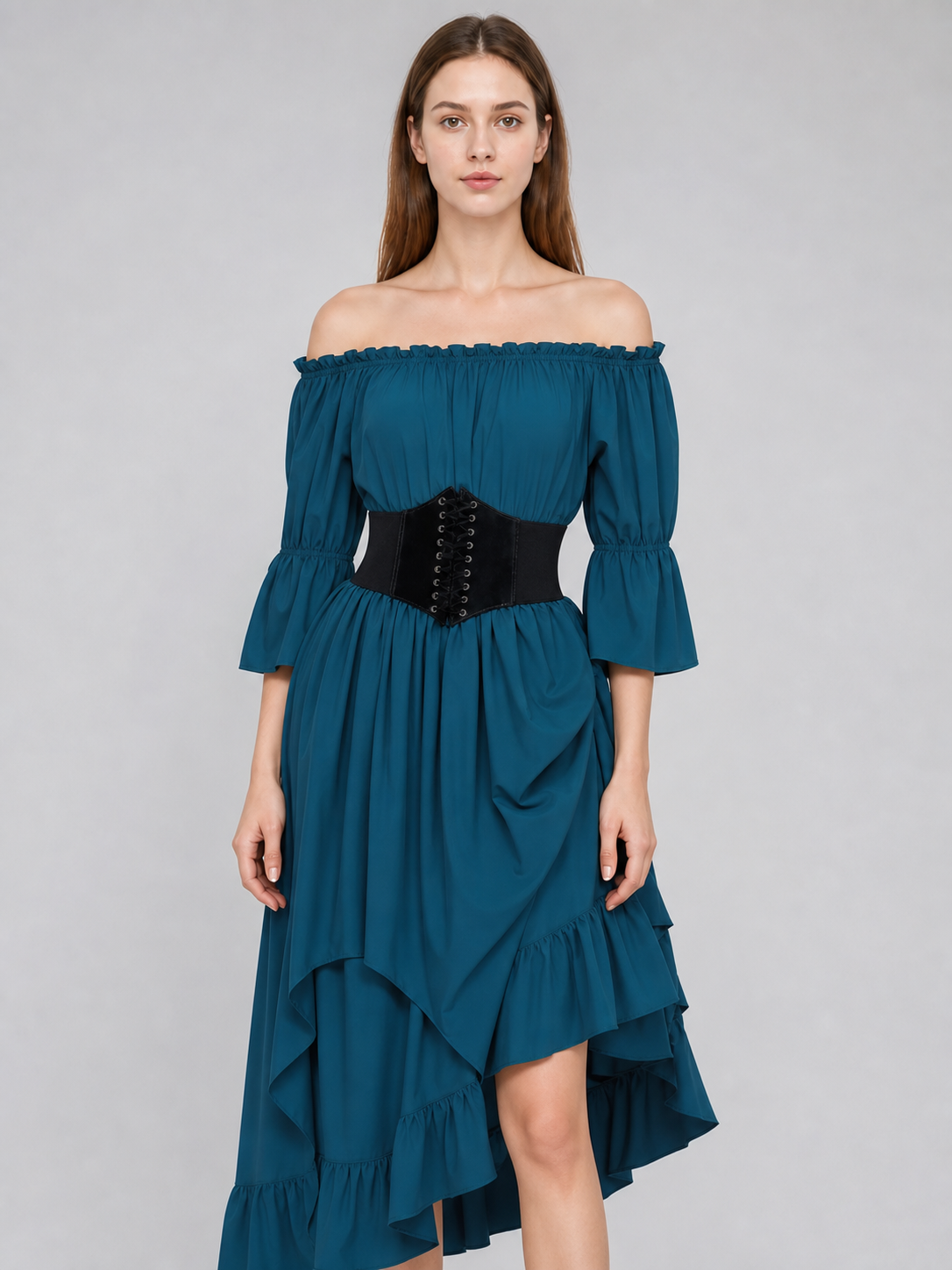 Off-the-Shoulder Dress with Ruffles and Corset Panel