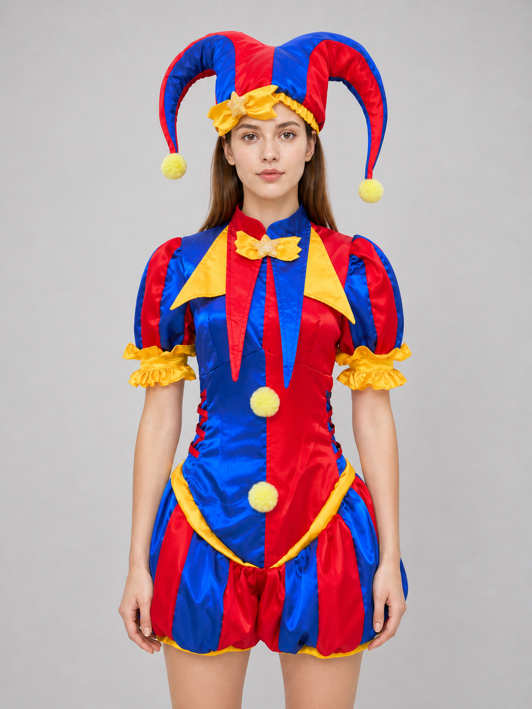 Bright circus clown-style costume with a dress and headpiece, designed for cosplay, themed events, costume parties, and stage performances. The set features an expressive red-and-blue color scheme with yellow and gold accents. The main piec