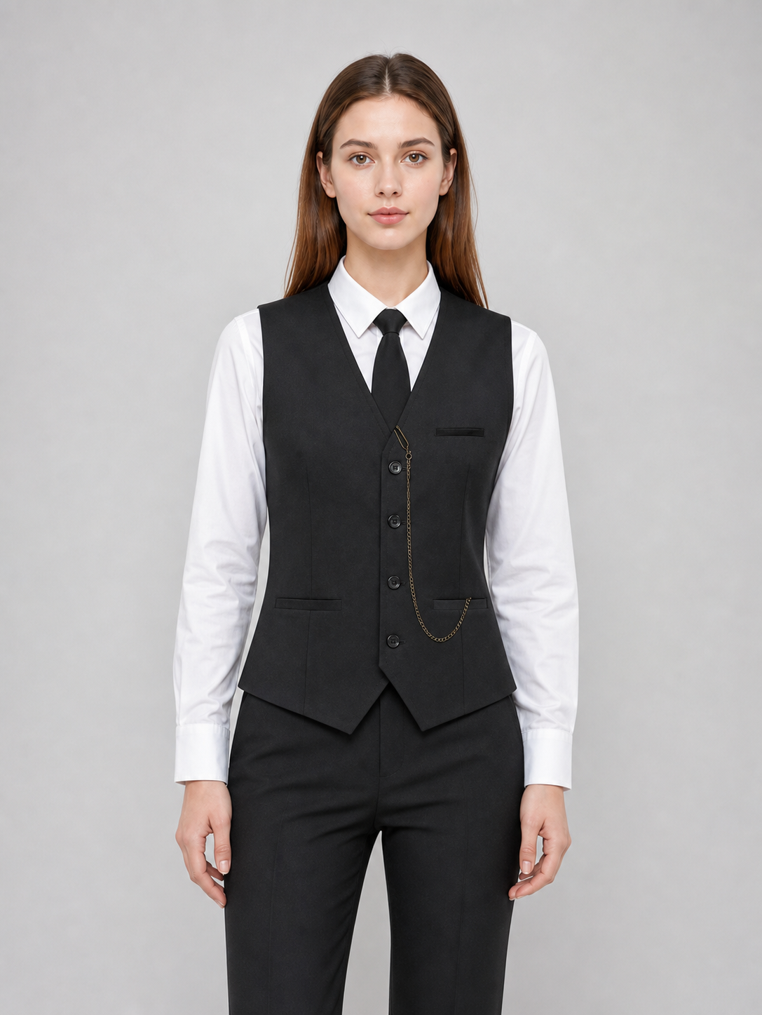 Vintage costume designed in a formal style with retro and gangster-inspired elements. The set includes a white long-sleeve shirt with a collar, a black button-front vest with lapels, a breast pocket, and lower pockets, as well as a black ne