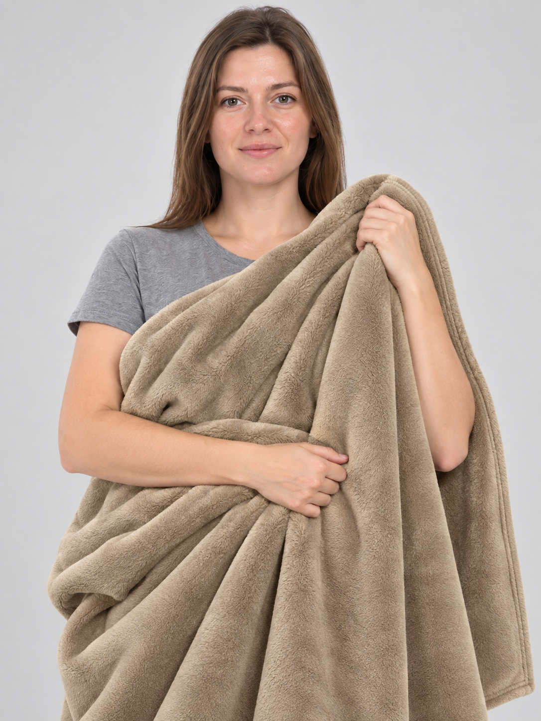 Khaki Flannel Blanket with Binding, Soft, All-Season