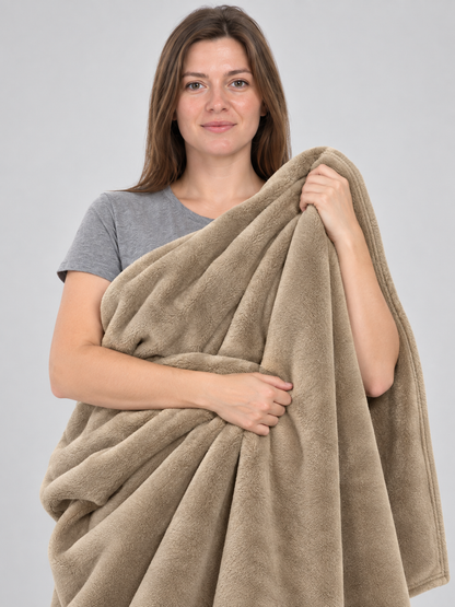 Khaki Flannel Blanket with Binding, Soft, All-Season