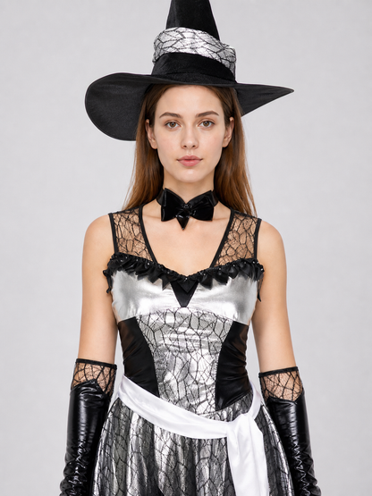 The witch costume is designed in a black, silver, and white color scheme and Costumes detail