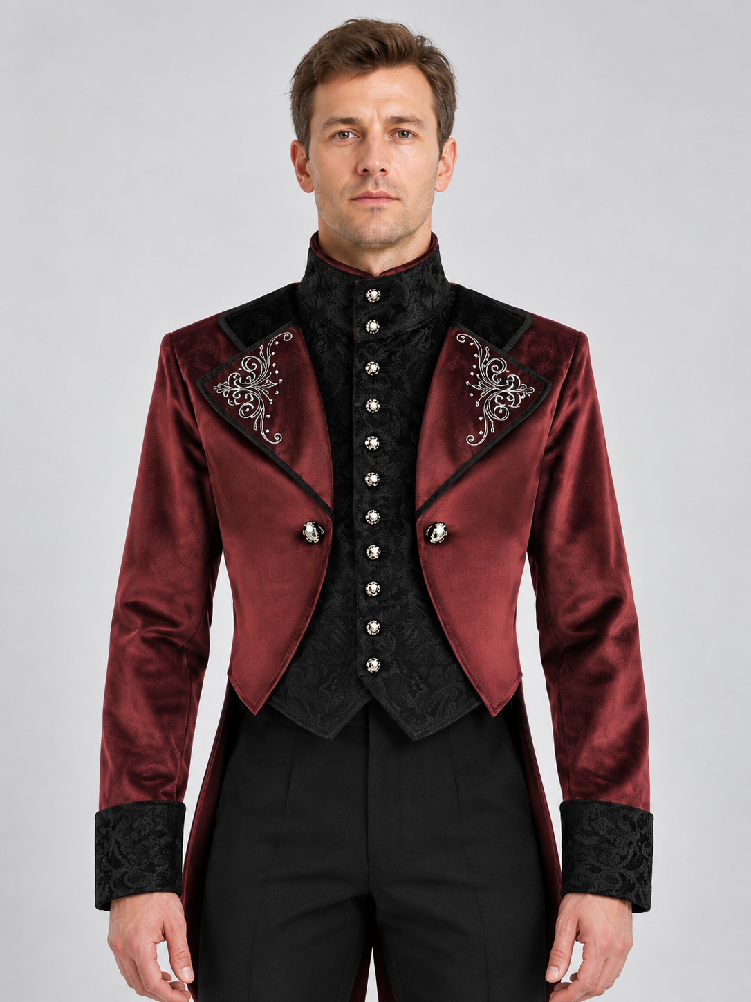 Burgundy carnival tailcoat with black lace