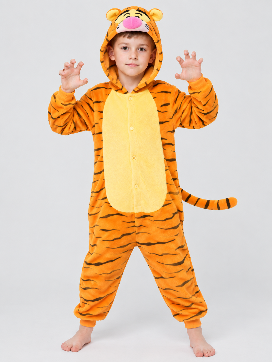 Flannel Pajama Jumpsuit with Tiger Hood and Tail