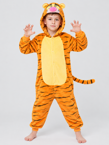 Flannel Pajama Jumpsuit with Tiger Hood and Tail