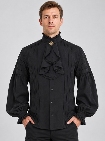 Black Shirt with Ruffles and Star Brooch