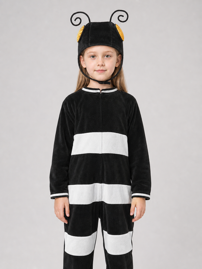 One-piece insect costume in a playful style, intended for dress-up, costume parties, themed events, and Halloween. The design is a jumpsuit with long sleeves, a black body, and wide white horizontal stripes. A black headpiece with curled an