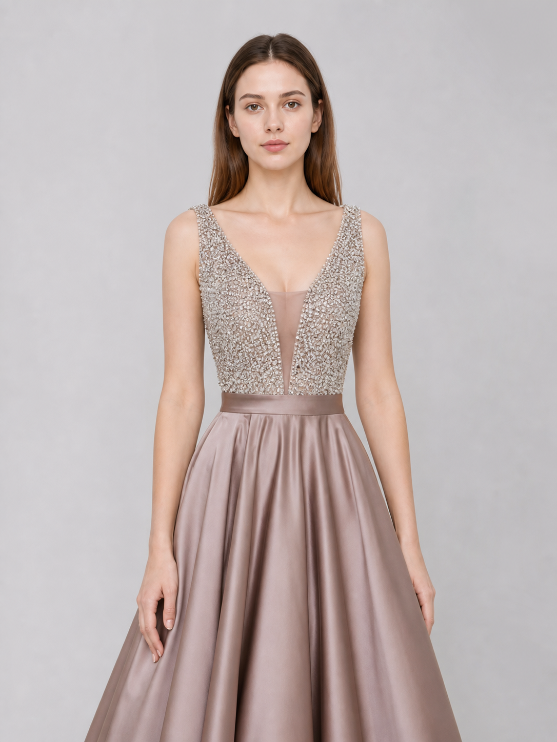 Sleeveless Evening Dress with Embellishment and V-Neckline