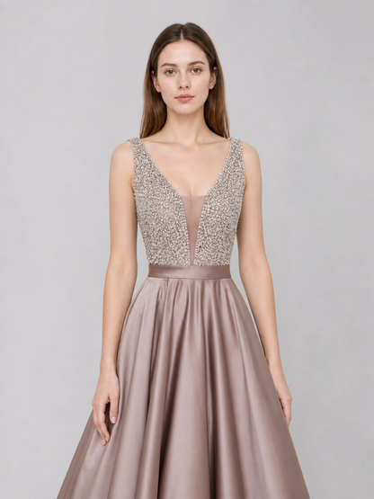 Sleeveless Evening Dress with Embellishment and V-Neck