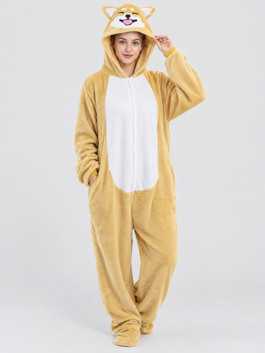 Plush yellow-beige kigurumi pajama with hood and ears