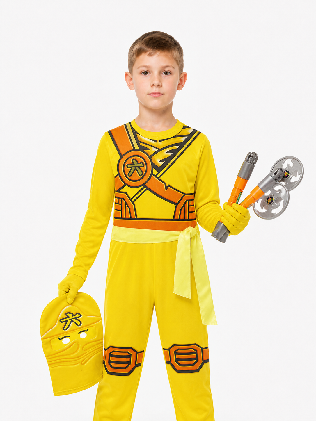Yellow Ninja Jumpsuit with Mask and Belt Costume Masks detail 3
