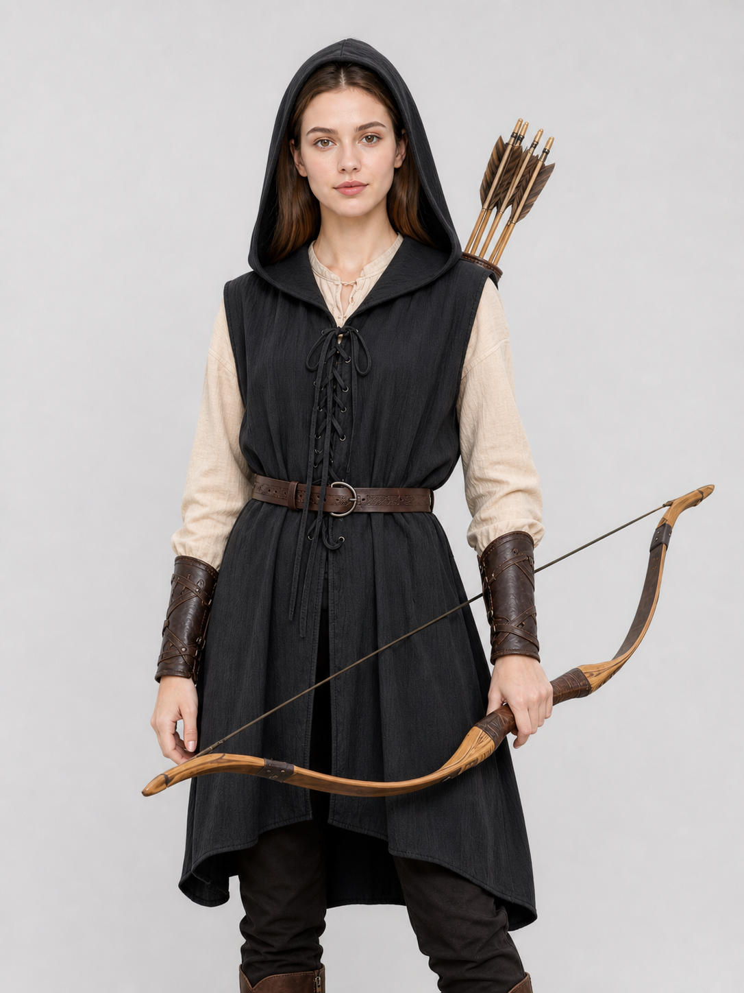 Black Medieval Hooded Dress with Belt