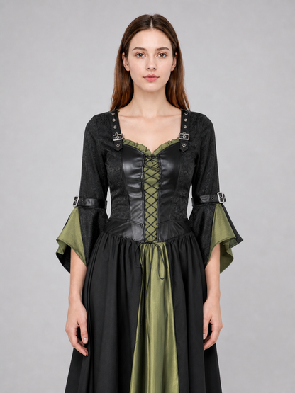Long Witch-Style Dress with Sleeves and Lace-Up Detail