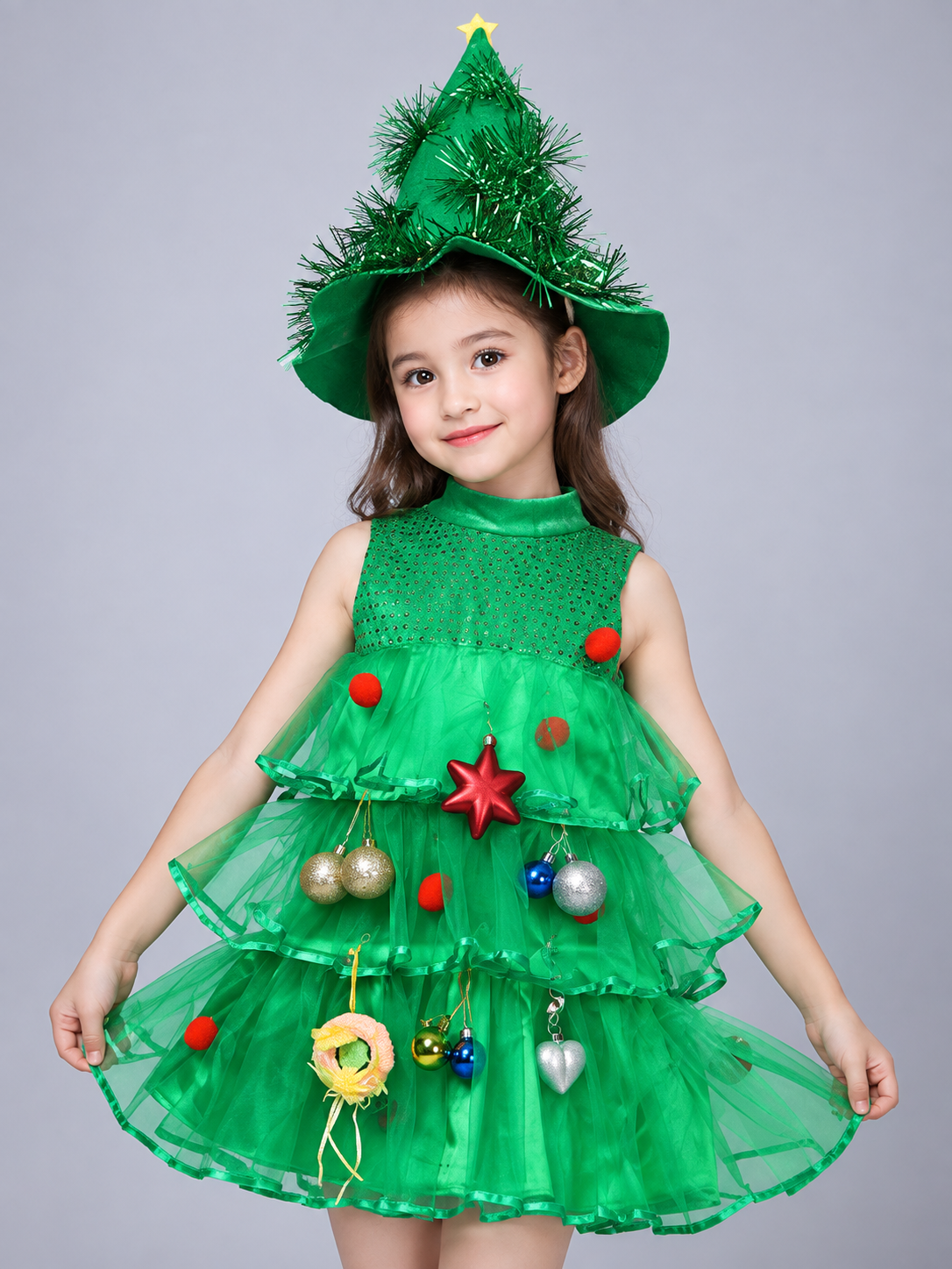 Green Children's Christmas Tree Dress for Performances Costume Dresses detail 2