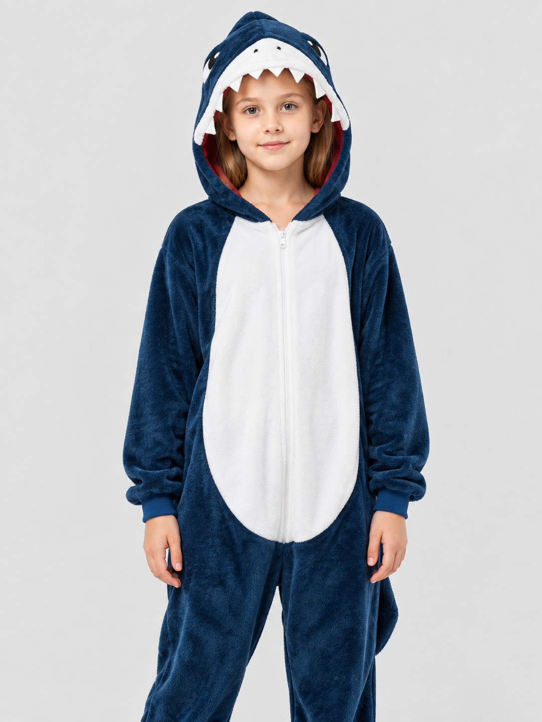 Navy Blue Fleece Pajama Jumpsuit with Shark Hood