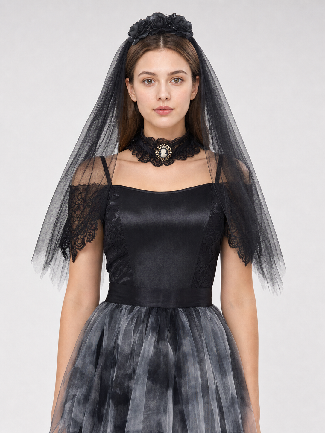 Gothic Cosplay Dress with Veil and Floral Details Costume Dresses detail 2