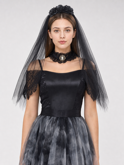 Gothic Cosplay Dress with Veil and Floral Details Costume Dresses detail 2