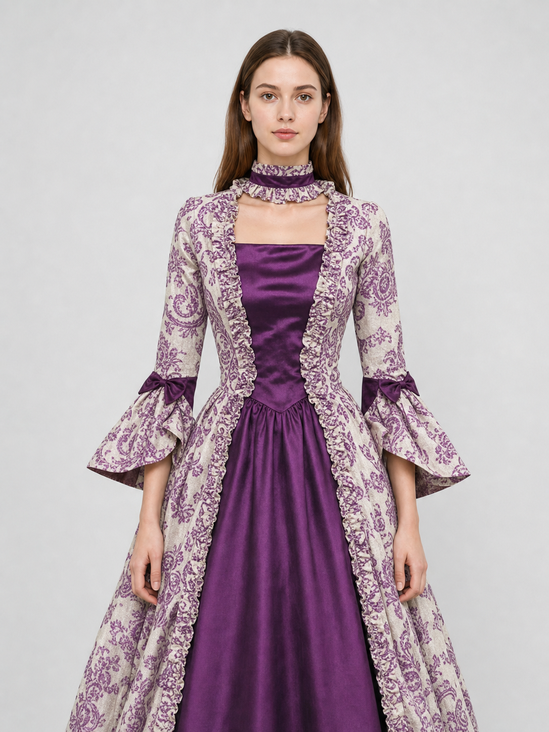 Long-Sleeve Evening Dress with Patterned Bodice