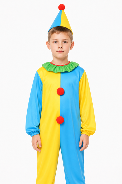Clown Jumpsuit with Pointed Hat, Red Pom-Poms, and Ruffle Costume Headwear detail 3