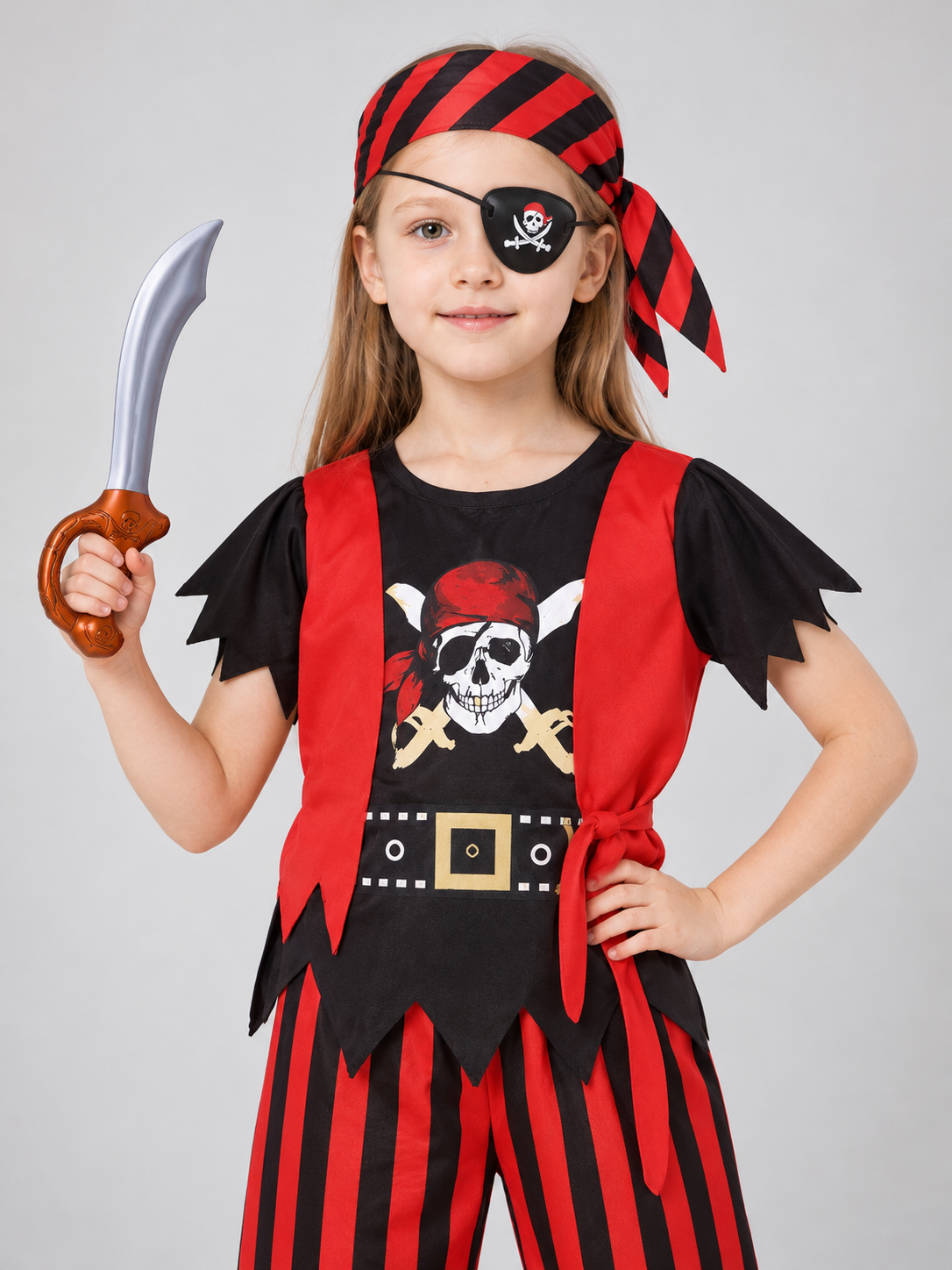 Red and black pirate costume with skull print