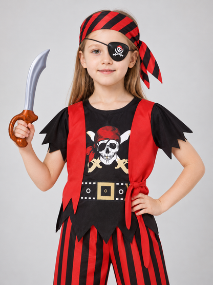 Red and black pirate costume with skull print