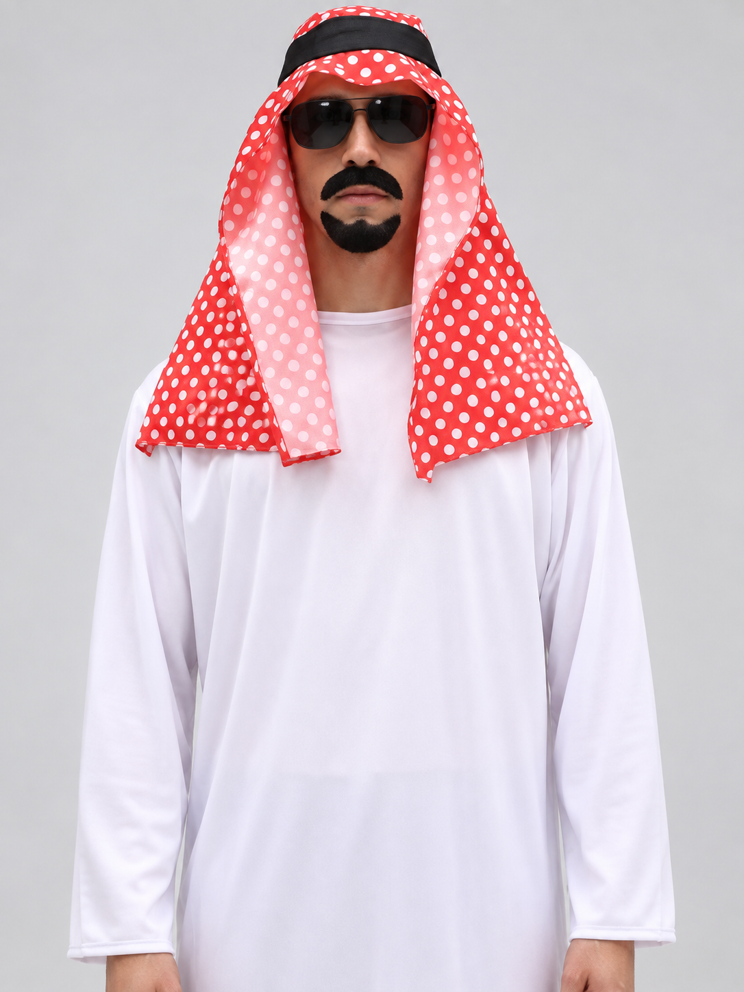 Arab Sheikh Costume with White Robe and Red Headscarf