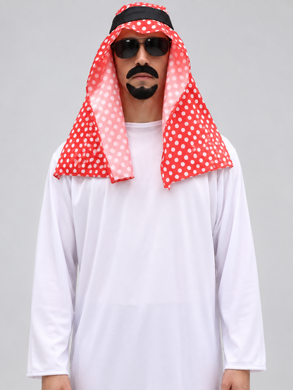 Arab Sheikh Costume with White Robe and Red Headscarf