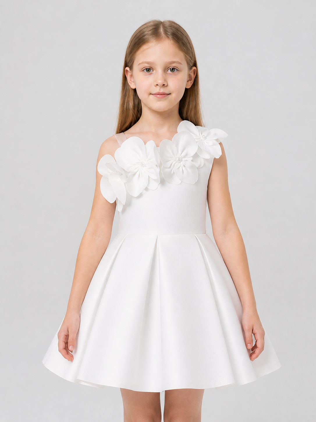 White Princess Dress for Girls with 3D Flowers