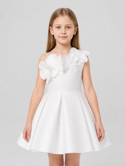 White Princess Dress for Girls with 3D Flowers