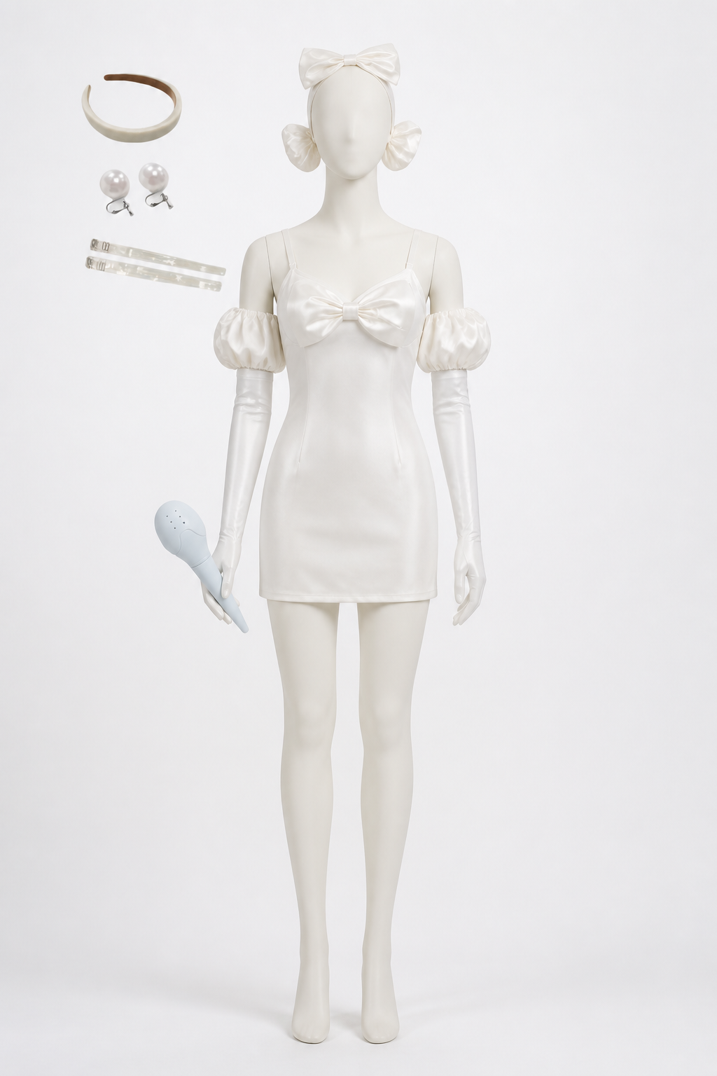 White Short Dress with Bow and Puffy Sleeves Costume Dresses detail 3