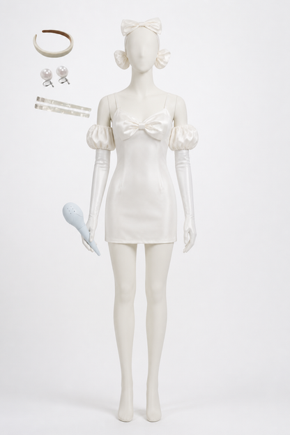 White Short Dress with Bow and Puffy Sleeves Costume Dresses detail 3
