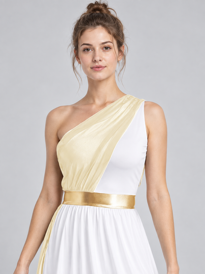 Floor-Length One-Shoulder Dress with Drapery and Belt