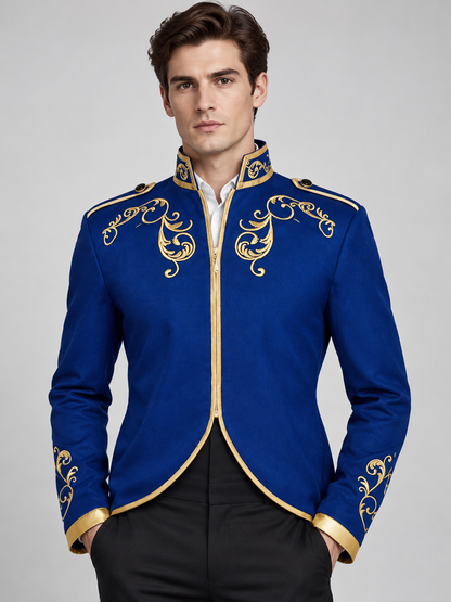 Blue tailcoat with gold embroidery and high collar