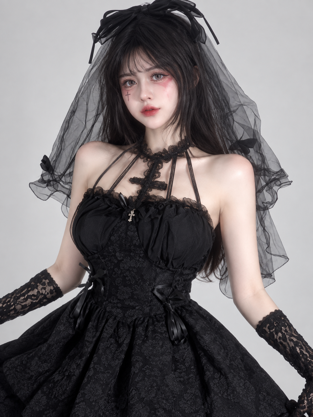 Gothic Lolita Style Dress Black with Lace and Veil