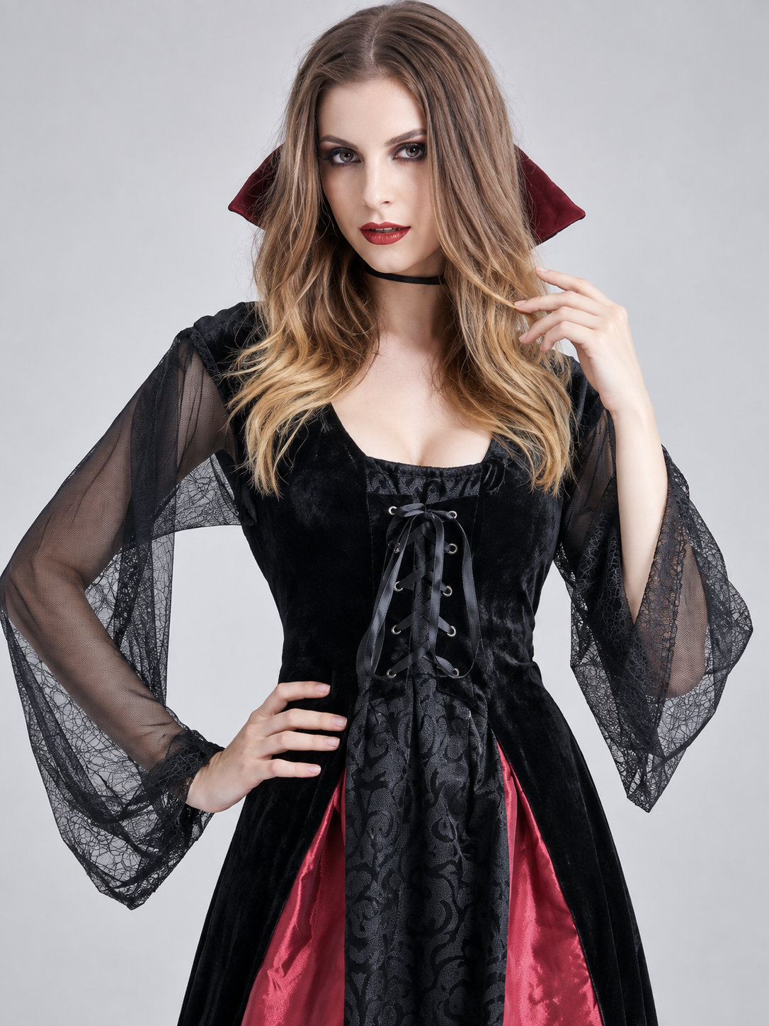 Black carnival costume dress with red inserts